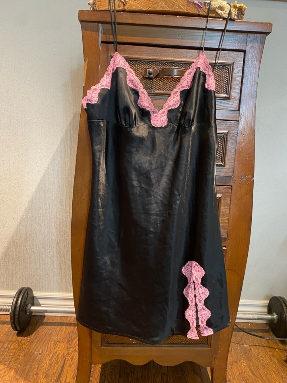 La SENZA Black Satin Chemise with Pink Lace Accents